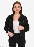Black denim jacket for women/girls, solid pattern, long sleeves, India origin
