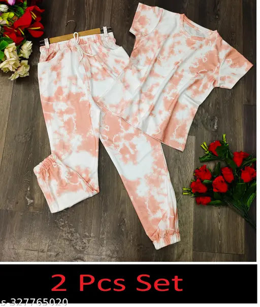 Tie-dye jogger set with baggy t-shirt for women, polyester blend, versatile casual wear nightwear