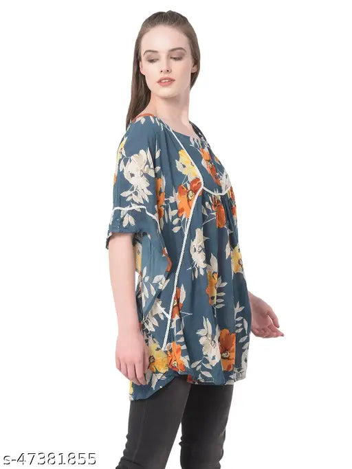 Veldress rayon multi-floral round neck top, vibrant print on short sleeves