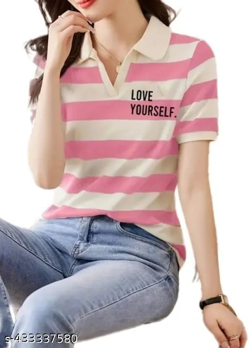 Pretty striped cotton blend short-sleeved women's t-shirt, India origin