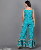 Turquoise Blue Rayon Printed Flared Jumpsuit by KIPEK - ethnic wear for women in vibrant design, long length, sleeveless, v-neck, waist tie-ups, zip back