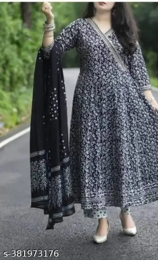 Black premium printed designer Anarkali embroidery rayon women's kurta set with pant and cotton dupatta, black on mannequin