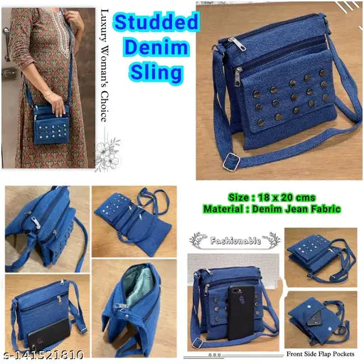 Royal blue denim purse with studded detailing and multiple pockets