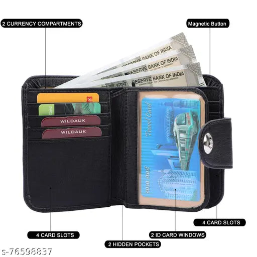 Black PU leather wallet for men and women, regular size with 5 card slots, textured pattern. Free size (11cm x 9cm), featuring 8 card slots, 2 hidden pockets, 2 ID windows. Made in India