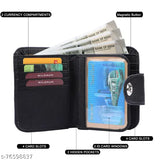 Black PU leather wallet for men and women, regular size with 5 card slots, textured pattern. Free size (11cm x 9cm), featuring 8 card slots, 2 hidden pockets, 2 ID windows. Made in India
