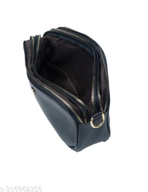 Black crossbody sling bag with adjustable strap, gold hardware, and multiple pockets, perfect for travel office college everyday use