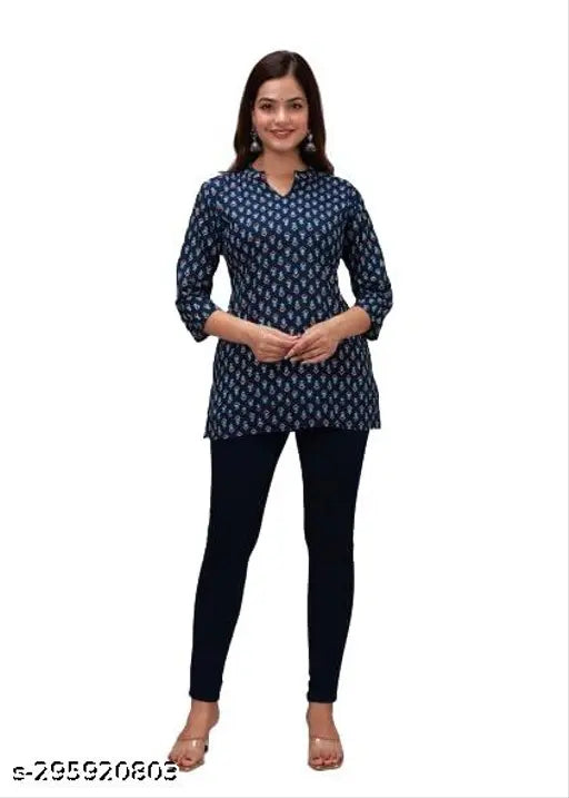 Bagru Printed Cotton Three-Quarter Sleeve Kurti for Women, Indian handcrafted Bohemian style