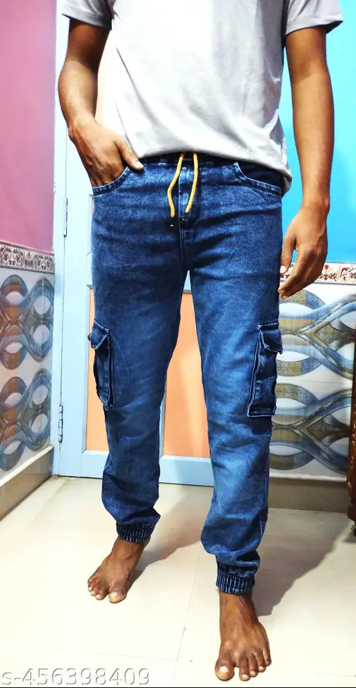 Men's blue denim joggers with stretch pockets