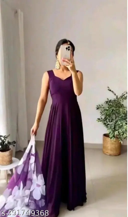 Dark wine-colored georgette long flair gown with digital print dupatta, sleeveless and full-stitched for women, Indian origin