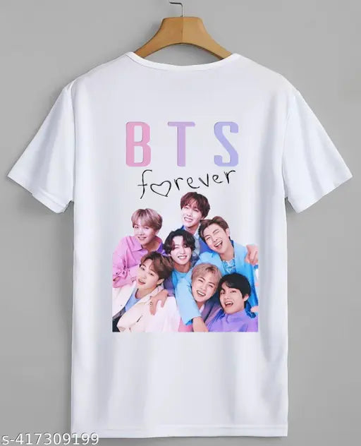 White printed BTS half-sleeves polyester t-shirts for men, women, and girls on size chart display