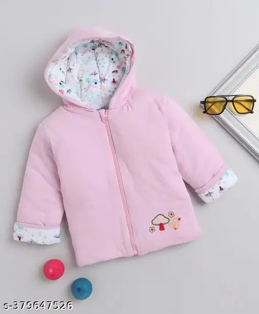 Pink and white reversible hooded winter jacket with zipper, 1 piece