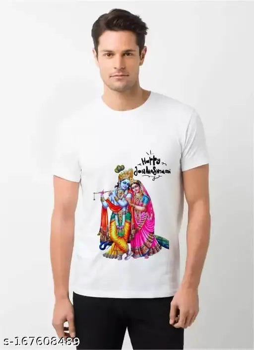 Striped polyester Radha Krishna Man T-shirt, soft and breathable for casual wear #PrintedTShirt #WhiteTShirt #PolyesterTShirt #AhirDesign