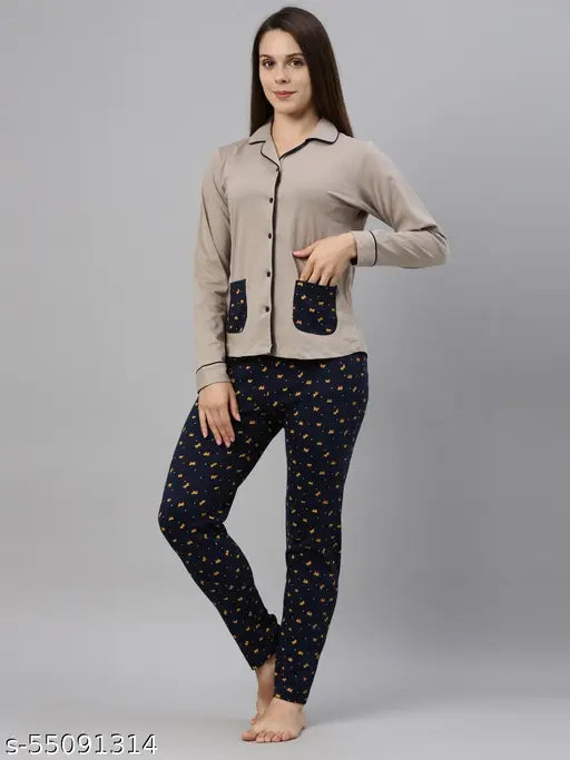 Multicolor printed cotton pyjama set for women, Curare design on long-sleeved top and bottom