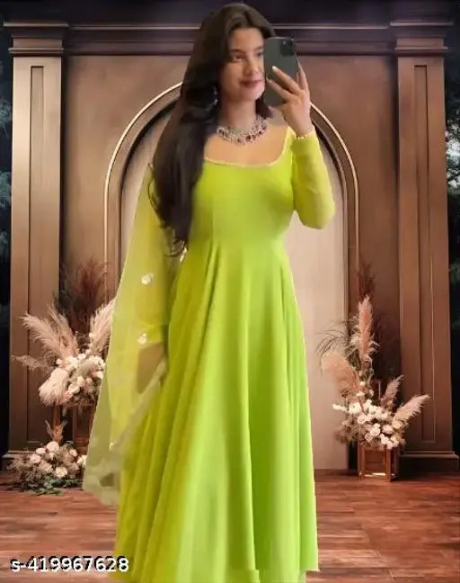 Georgette stitched parrot-colored anarkali gown with embroidery cutwork dupatta, three-quarter sleeves - Indian brand concept new arrival
