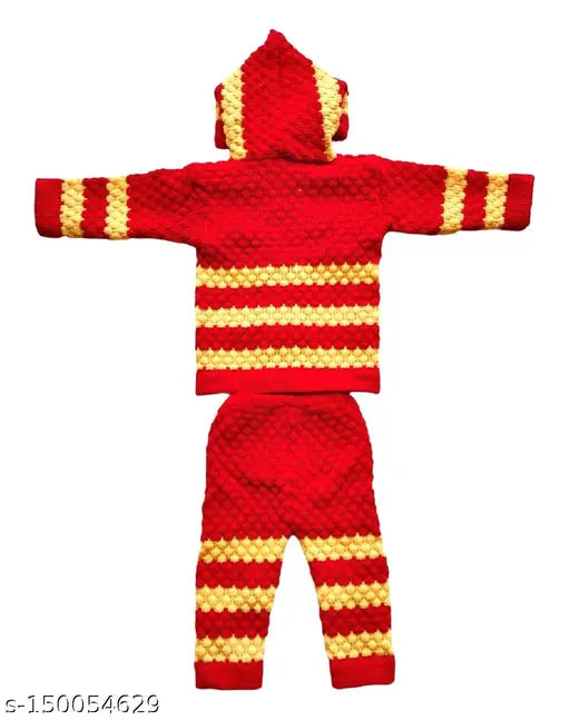 Woolen knitted front open sweater combo set with hood pyjami and bootie - warm, stylish winter wear for babies aged 0-6 months (India)