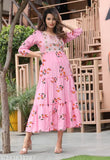 Rayon Anarkali embroidery, vibrant printed Indian outfit with three-quarter sleeves. Available in sizes S-XXXXL