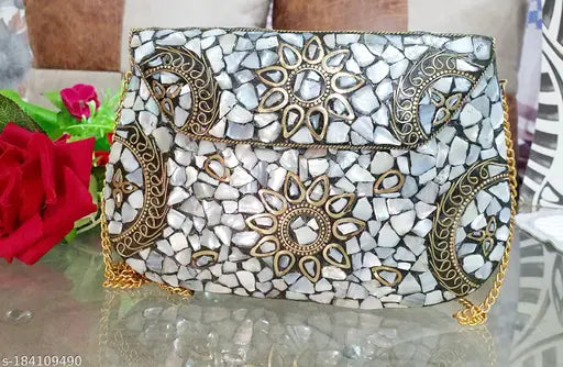White mosaic metal purse, handcrafted, party clutch, slingbag
