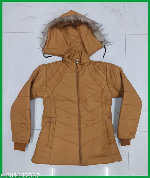 Tan winter jacket with fur hood, zip front closure