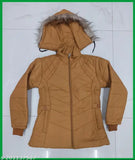 Tan winter jacket with fur hood, zip front closure