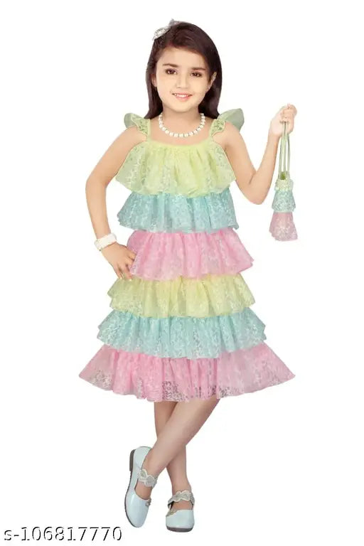 Rainbow frock and bag set, colorblocked net for kids girls 2-5 years, Indian-made vibrant dress with free accompanying bag