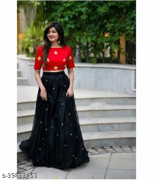 Silk and net embroidered Lehenga for women, free size (34 waist, 44 length), semi-stitched, Indian origin