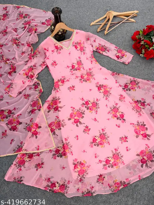 Flower print georgette long-sleeve kurti with dupatta, no bottomwear in vibrant colors and intricate designs
