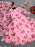 Flower print georgette long-sleeve kurti with dupatta, no bottomwear in vibrant colors and intricate designs