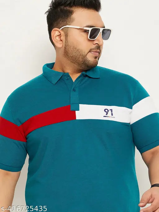 Men's plus size colorblocked cotton blend polo collar t-shirt, short sleeves, printed pattern, XXXL (Chest Size: 29in, Length Size: 18.5in), MXN, made in India