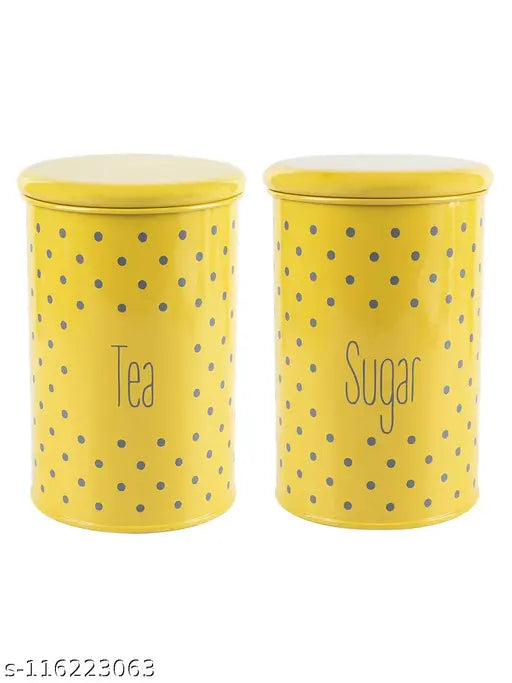 Yellow and white polka dot sugar jar set with tea text, 900 ml capacity, clear lid for kitchen storage