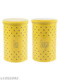Yellow and white polka dot sugar jar set with tea text, 900 ml capacity, clear lid for kitchen storage