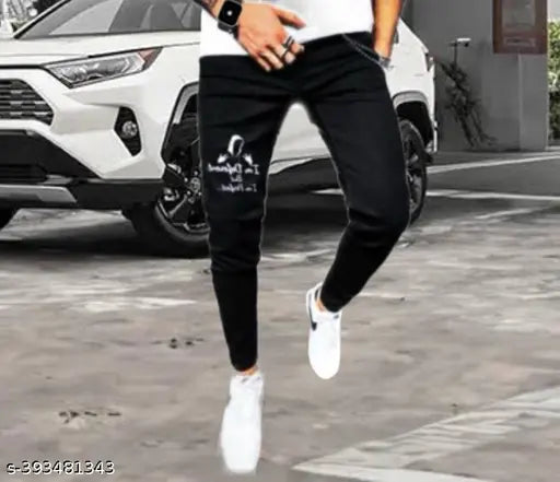 Black denim men's jeans with funky print, trendy design, size 28/30/32 from India