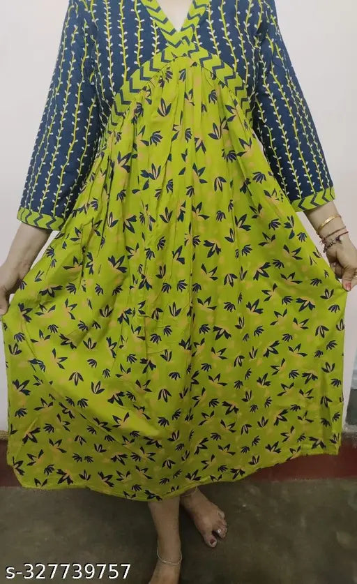 Rayon three-quarter sleeve printed Anarkali kurti for festive party wear, trendy and stylish for women's ethnic clothing