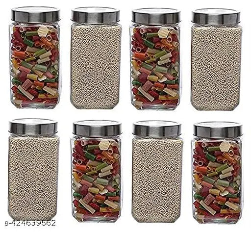 Round transparent glass jar, 2L capacity, airtight aluminum cap, used for storing kitchen items, suitable for masala and dry fruits