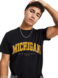 Black and orange cotton blend slim t-shirt for men, half sleeve round neck with printed net pattern