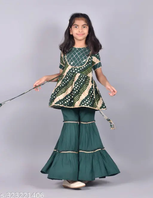Rayon printed Kurta and Sharara Set for girls, A-line top with short sleeves, vibrant Indian party wear