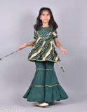 Rayon printed Kurta and Sharara Set for girls, A-line top with short sleeves, vibrant Indian party wear