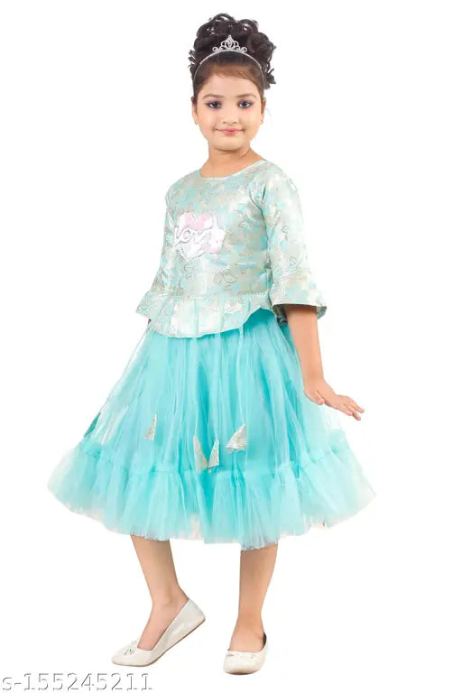 Green tulle fabric, ruffle hemline, girl's party dress 3-5 years
