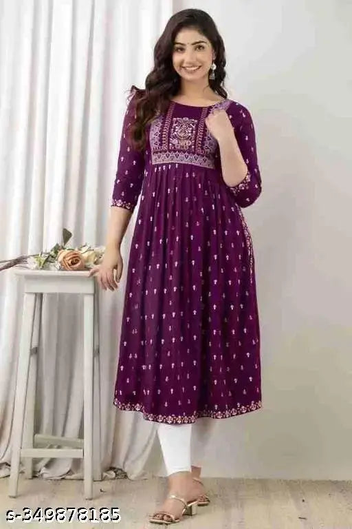 Women's printed rayon Naira cut kurti, three-quarter sleeves, floral pattern