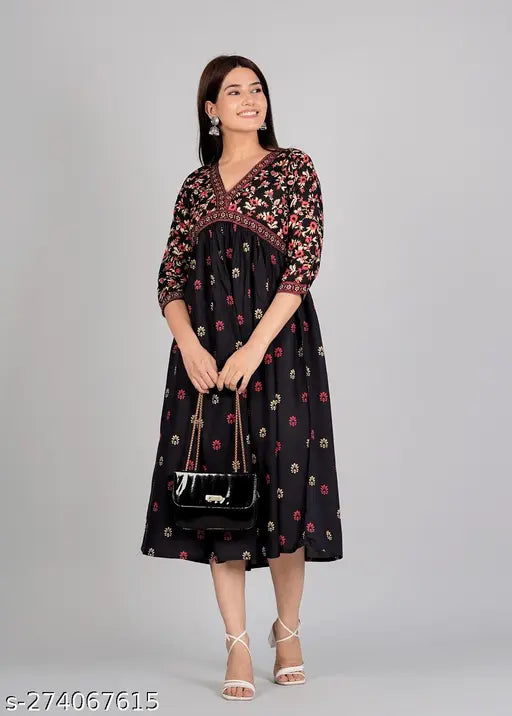 Rayon three-quarter sleeve printed Anarkali kurti, trendy women's ethnic wear for festive parties, India origin