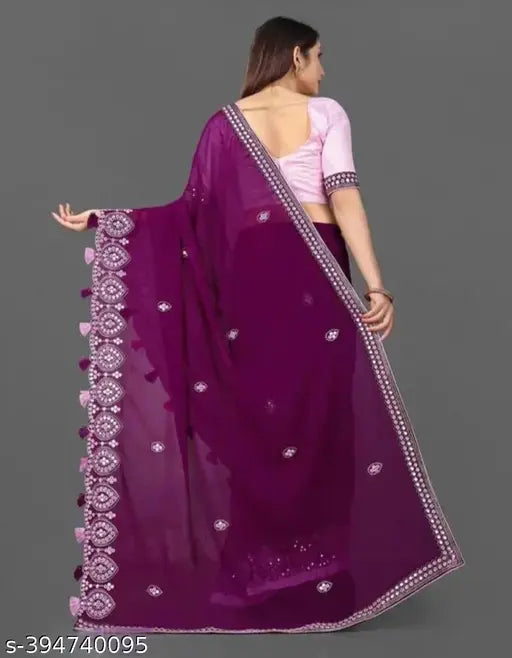Embroidered purple georgette saree for women's festive wear, embroidered borders, party wear