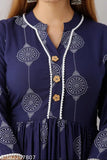 Dark blue viscose rayon Hanumantra floral print women's top with three-quarter sleeves, featuring a printed combo