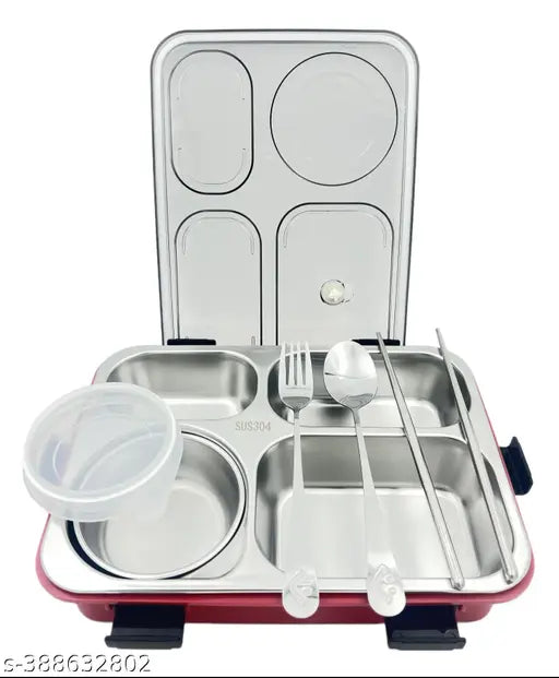 4 Grid Insulated Stainless Steel Lunch B o x With Spoon Fork & Chop stik - 1000 ml