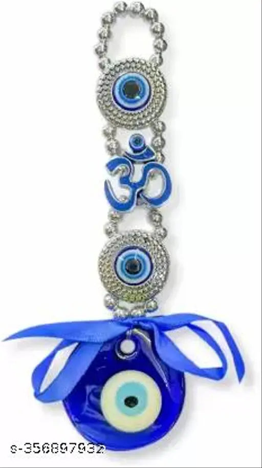 Blue plastic Feng Shui om evil eye wall hanging for good luck, 18.5cm length