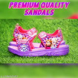 Purple and pink sandals with designs inspired by Disney's Frozen characters, Elsa and Anna