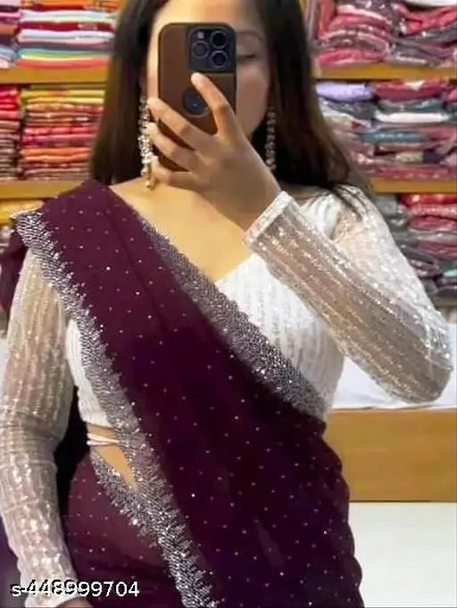 Hot Fix party saree with all over heavy beads and matching white blouse