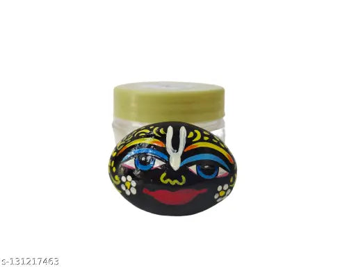 Black hand-painted Shringar Shaligram Bhagwan with box, natural black Saligrama stone for pooja, divine blessings, 2.5x2.5 inch, Indian origin