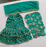 Green rayon sharara set with umbrella design, kids' ethnic wear for special events or everyday elegance