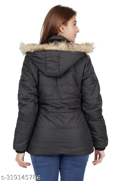 Solid polyester women's winter jacket, XL size with long sleeves and hooded neck, perfect for a laid-back or refined look during cold days, two side zipper pockets included