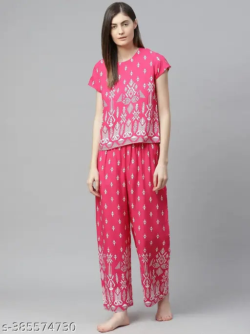 Yash Gallery Women's Floral Round Pink Rayon Nightsuits Pack of 2 - Stylish and comfortable nightwear in beautiful floral prints, perfect for regular wear, geometrical design, short sleeves, made in India