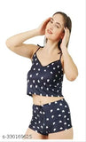 Satin babydoll night top & shorts in prints, perfect for romantic occasions, Indian-made lace round neck